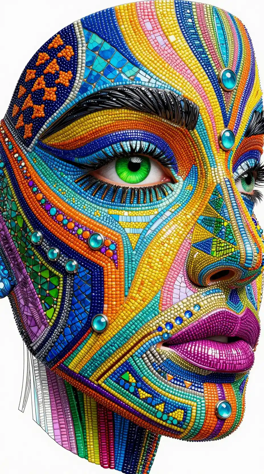 Extreme close up of a mosaic covered human face