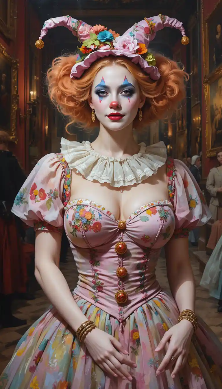 Clown femme enjouée dans une colorée peinture à l’huile de musée