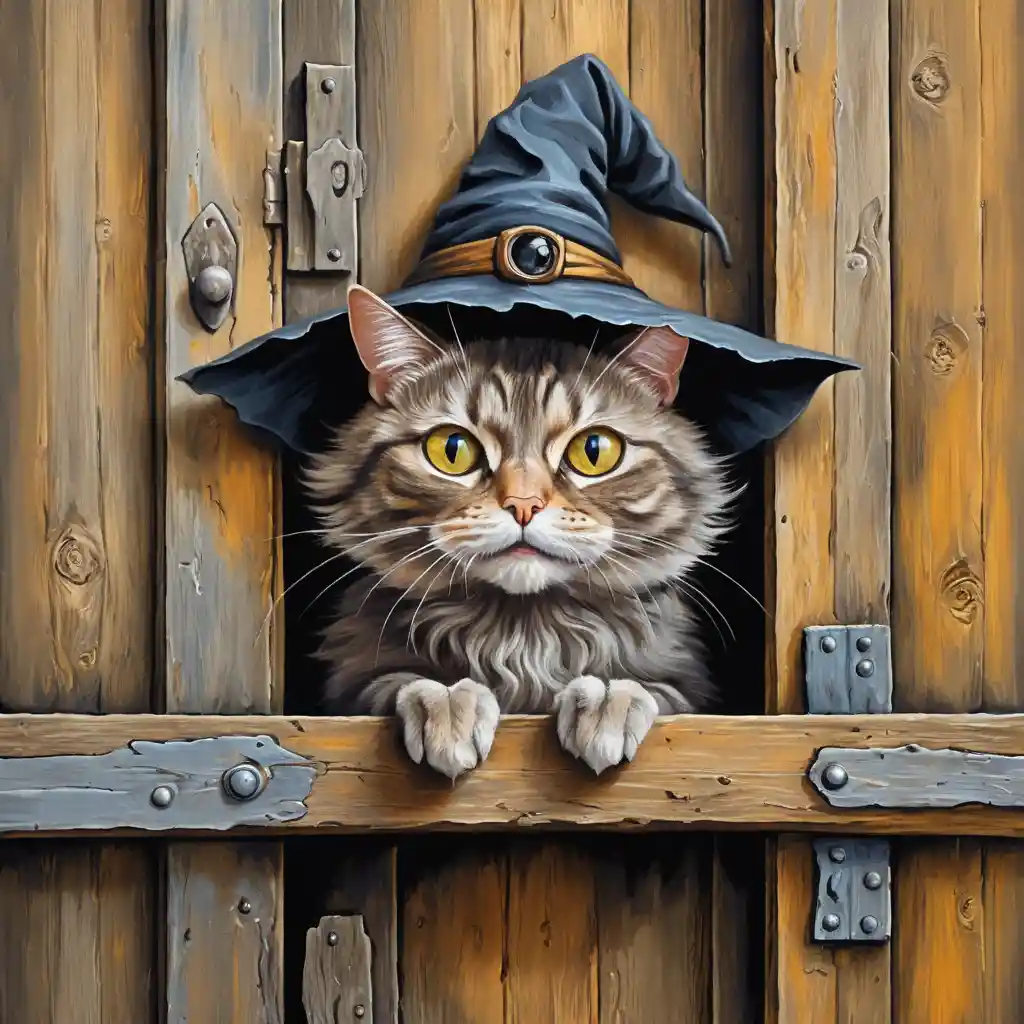 Surprised witch cat peering through an old wooden door