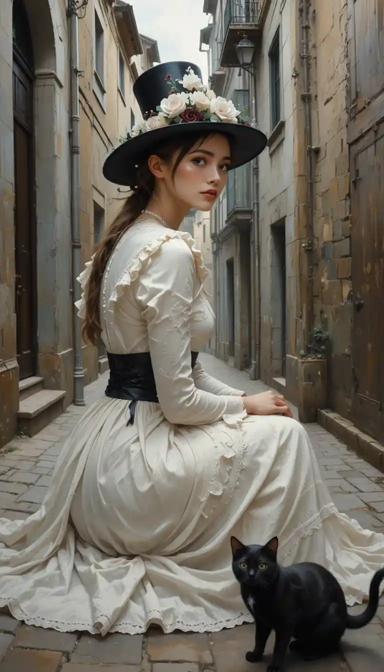 小巷中穿著白色蒸汽龐克服飾的女孩與黑貓
