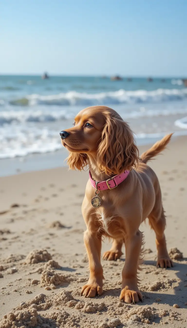 Fofo cocker spaniel em praia de areia de frente para o mar calmo