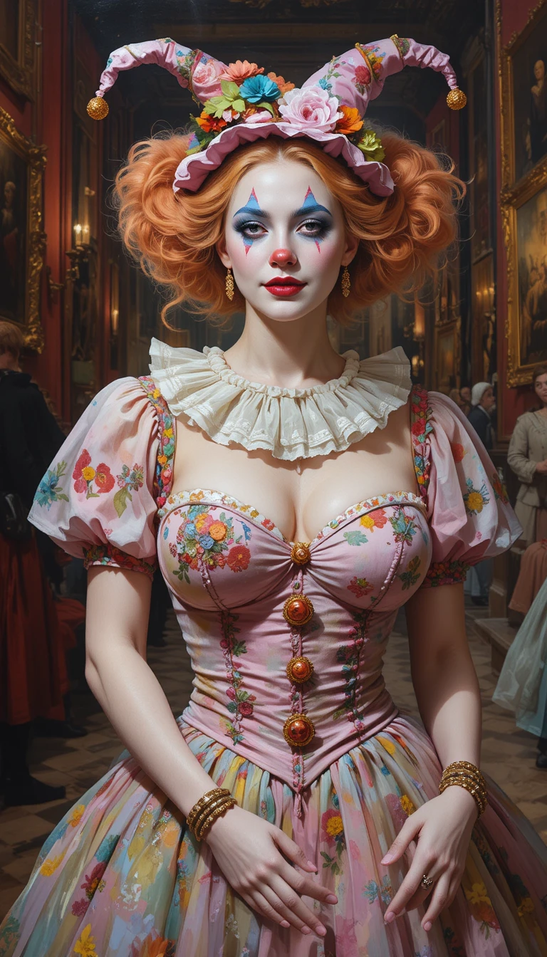 Clown femme enjouée dans une colorée peinture à l’huile de musée