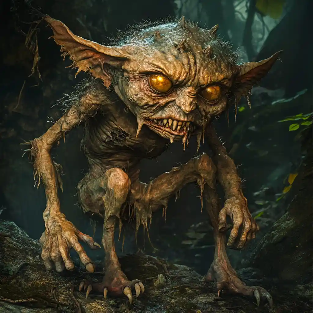 Goblin da floresta deformado com membros retorcidos na escuridão