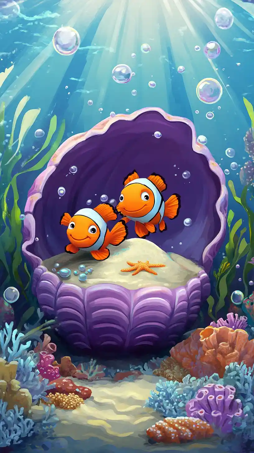 Poissons-clowns Joyeux dans une Palourde Géante Scène Sous-Marine