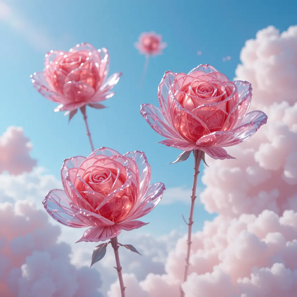 Fleurs de cristal en verre flottant dans de doux nuages pastels