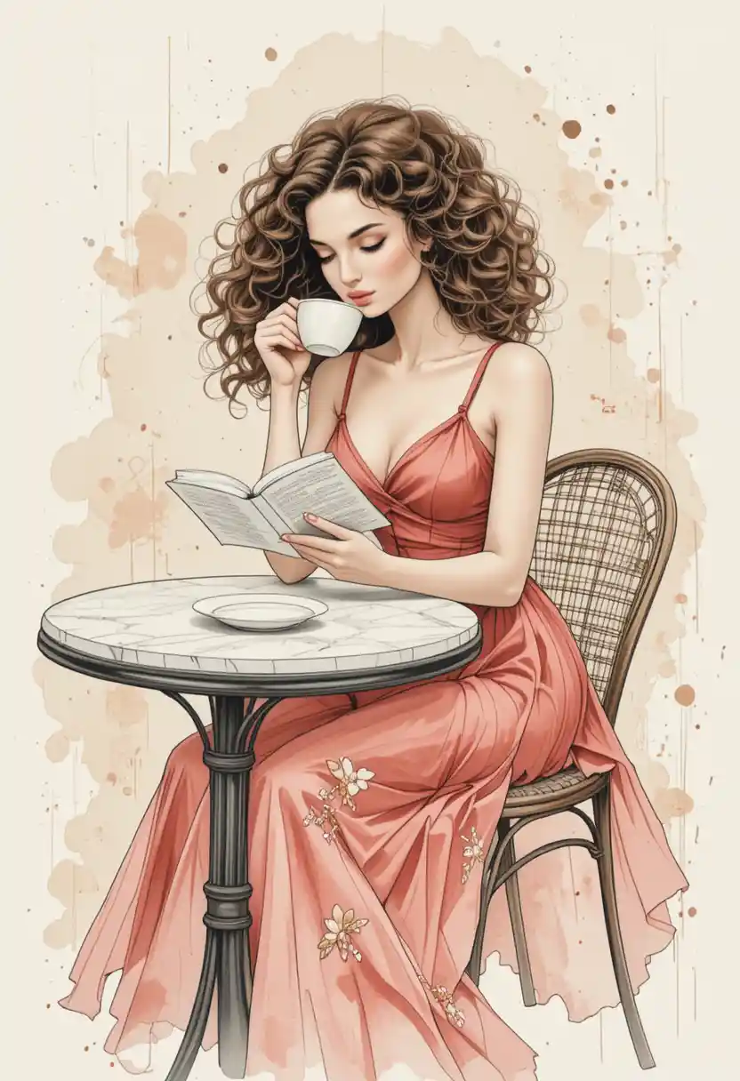 Elegant woman reading at a small cafe table in watercolor