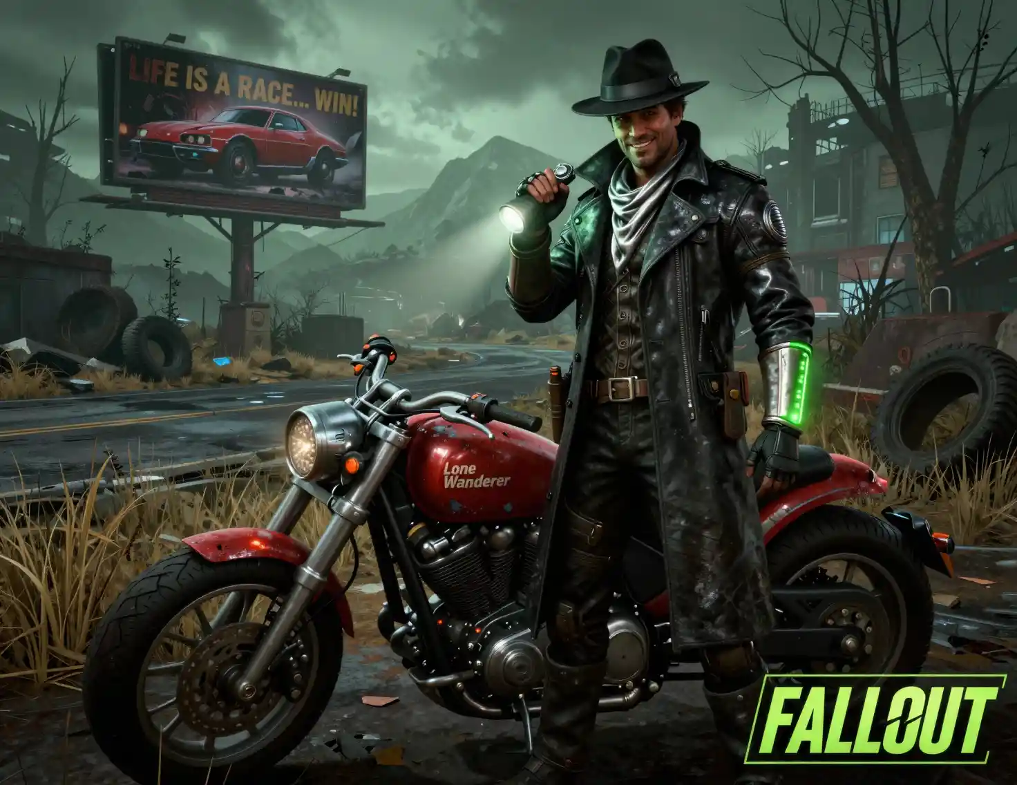 Detective de ciencia ficción con motocicleta en un páramo posapocalíptico