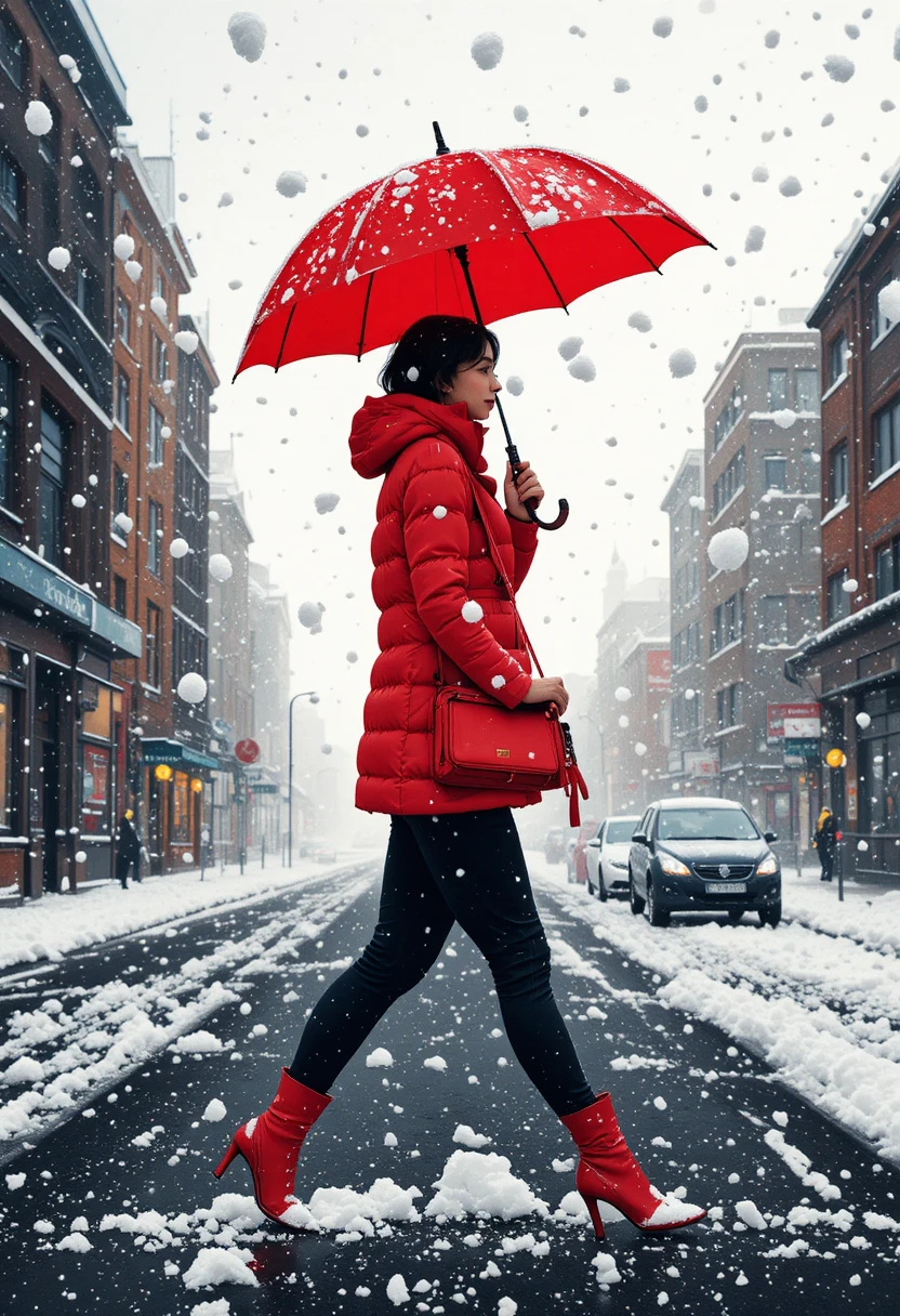 Mulher com guarda-chuva vermelho caminhando sozinha em cidade nevada