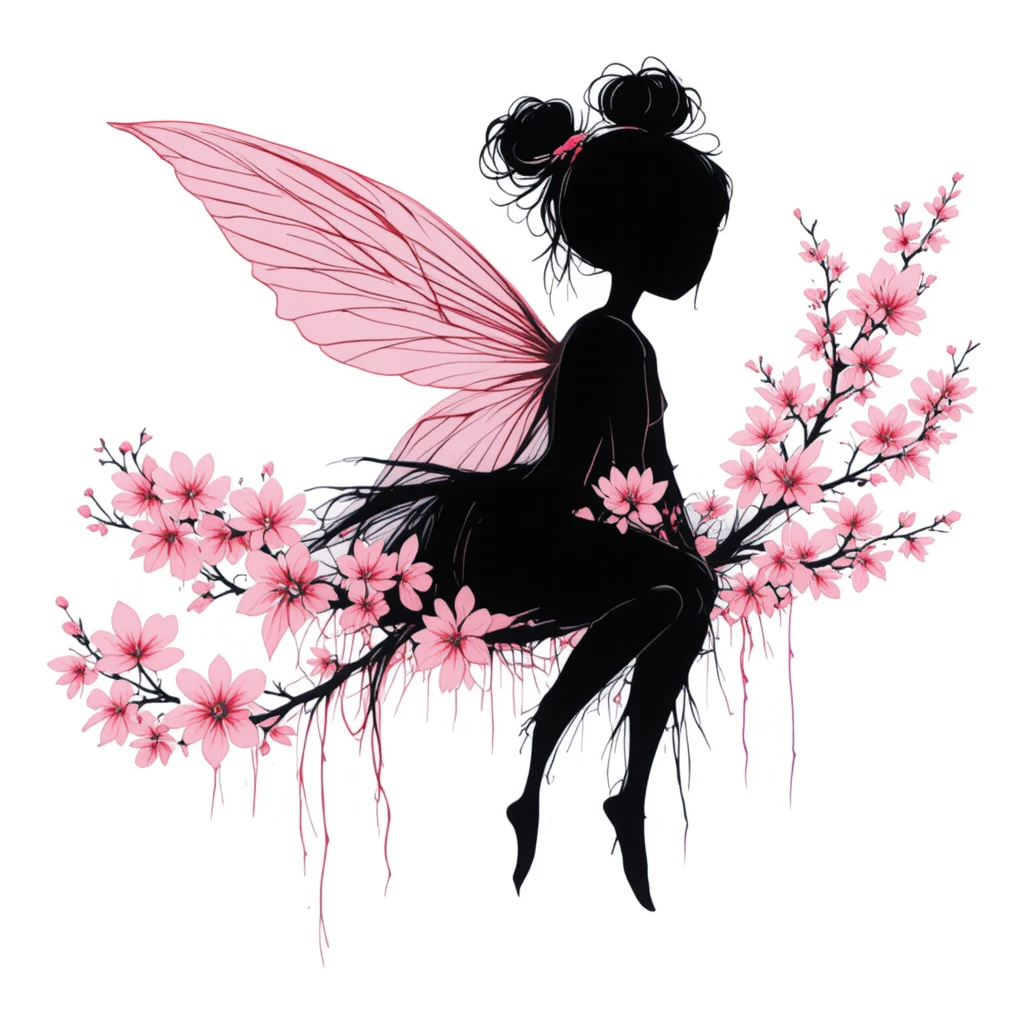 Minimalistische Feensilhouette mit rosa Kirschblütenflügeln