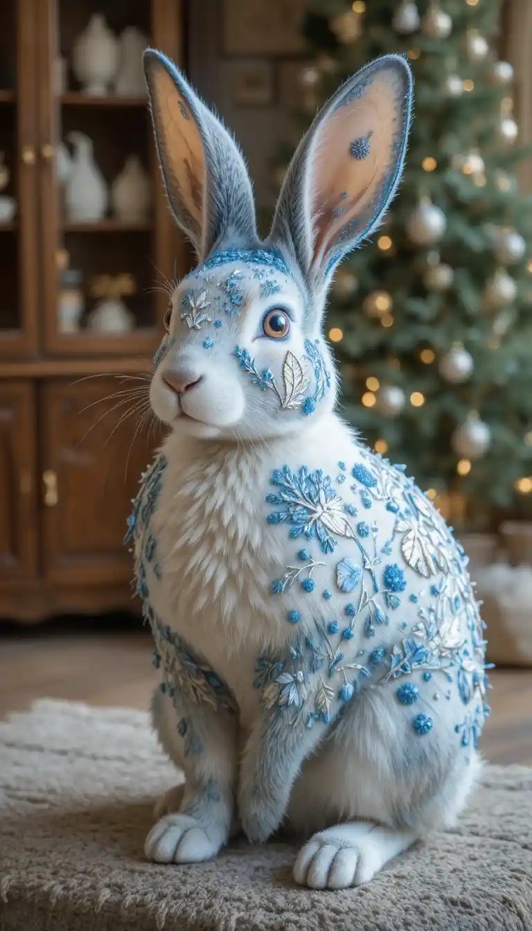 Estatueta decorativa de coelho ao lado de uma árvore de Natal iluminada