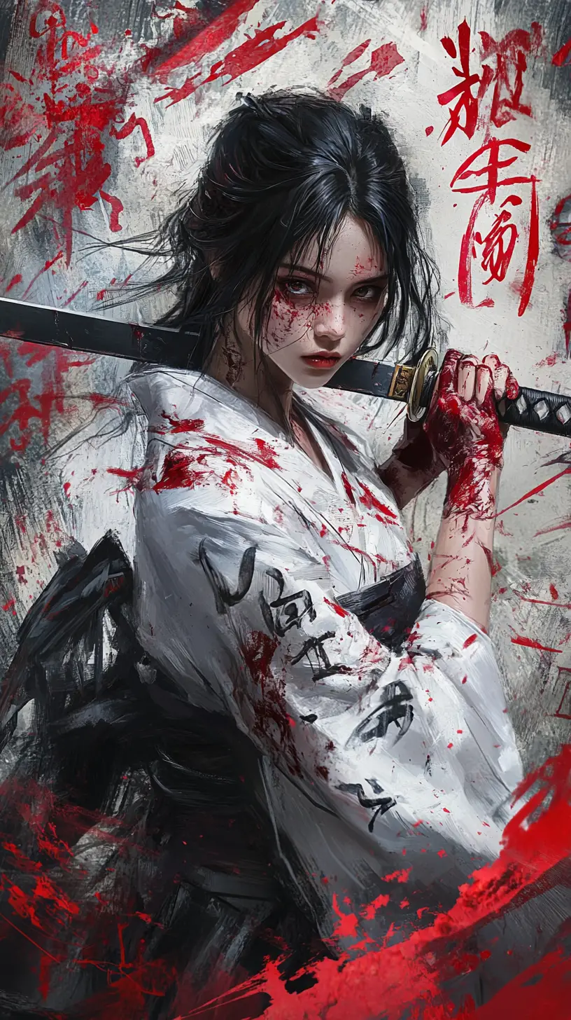 血のついた白い着物で刀を握る女侍