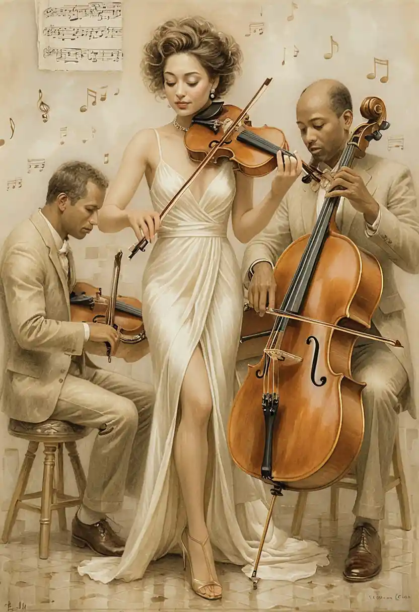 Pintura romântica de um trio de cordas com músicos graciosos
