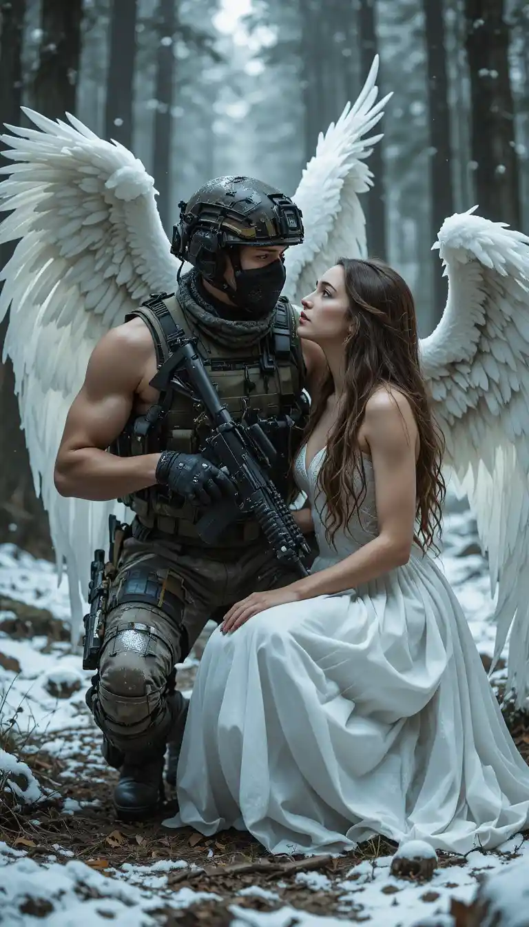 Ángel y soldado juntos en un tranquilo bosque nevado
