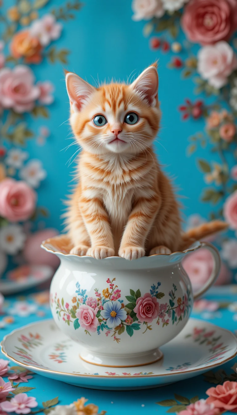 Chat orange joueur assis sur une assiette avec un fond bleu
