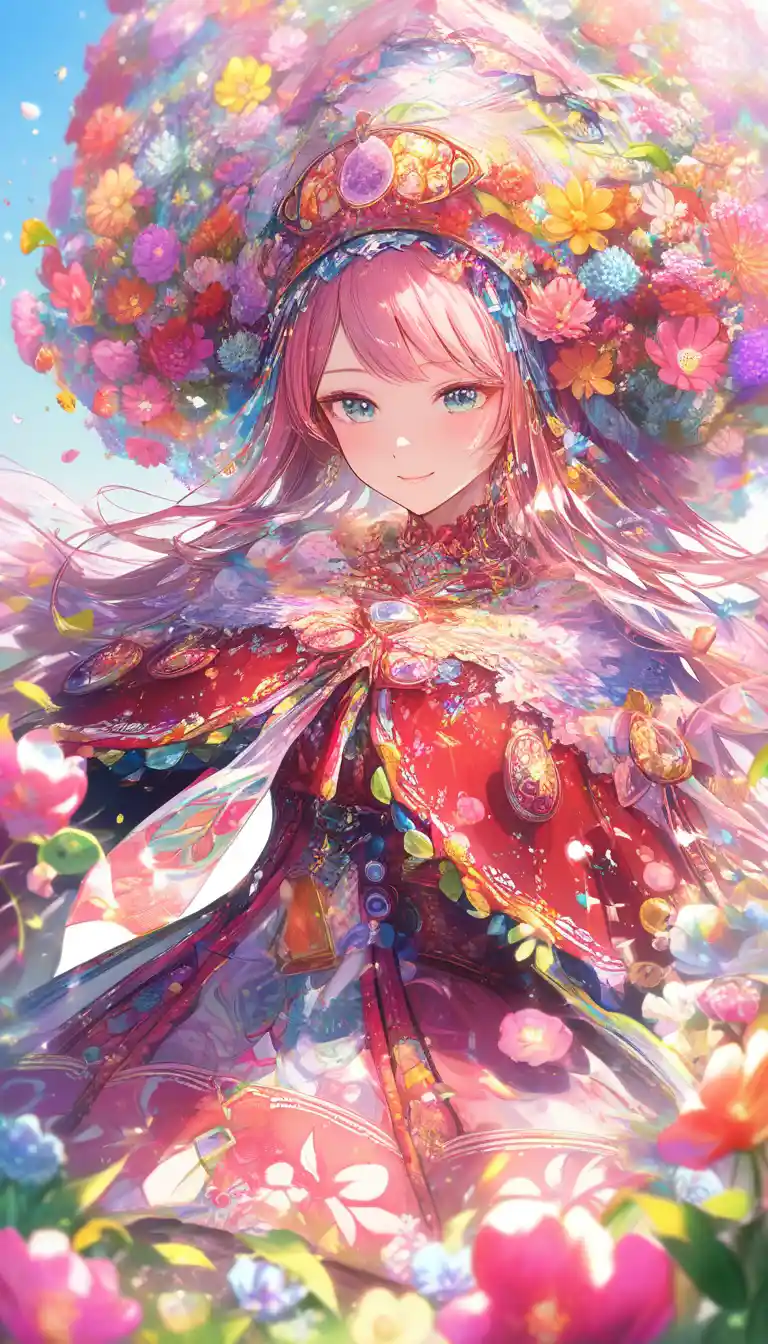 Gros plan d’une fille enjouée en tenue florale sous un ciel ensoleillé