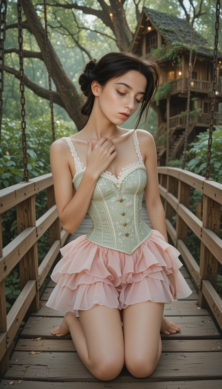 Young woman kneeling on a rustic bridge in soft light