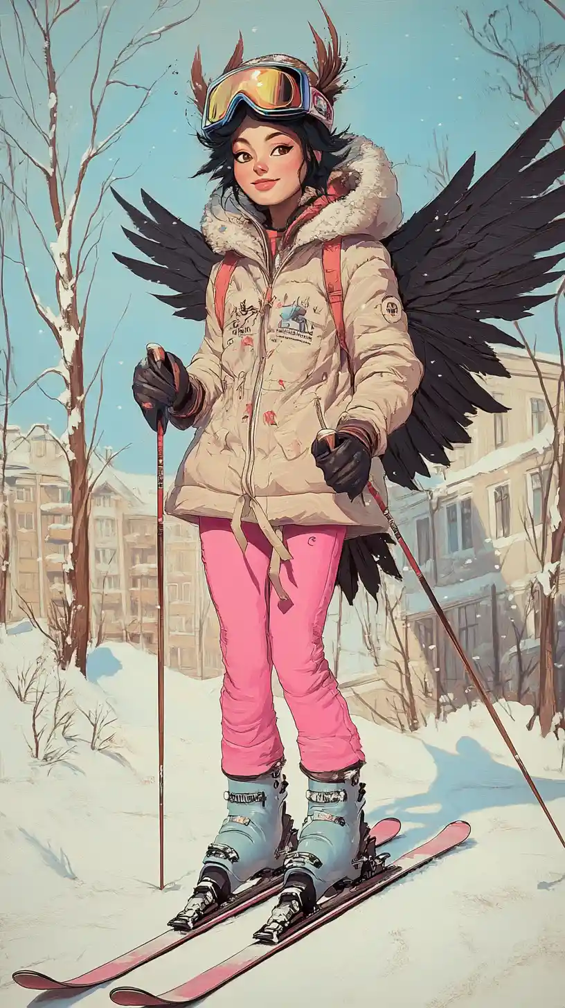 Garota harpia em estilo pop art em uma rua nevada da cidade