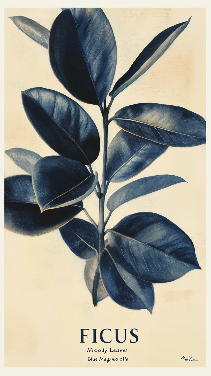 Moody botanical illustration of a ficus rubber plant