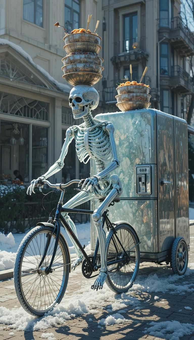 Esqueleto gelado brilhante pedalando com tigelas de lámen e geladeira