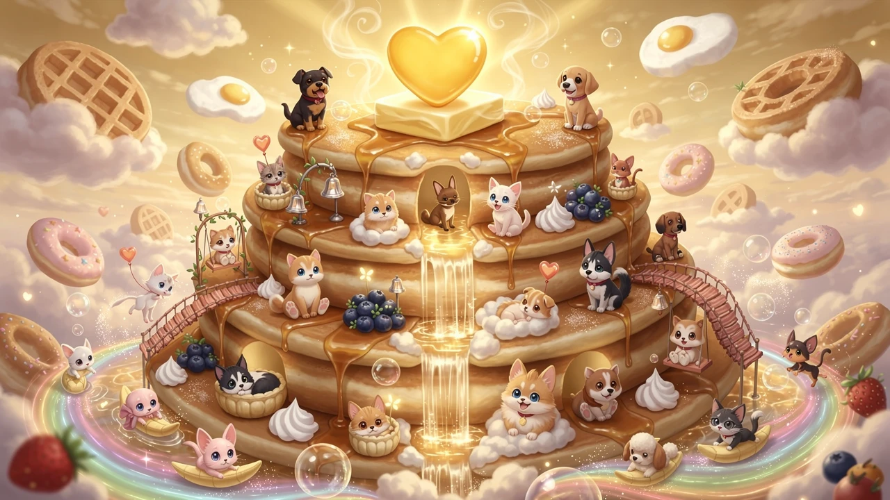 Torre de panquecas fantasiosa flutuando em um céu dourado de fantasia