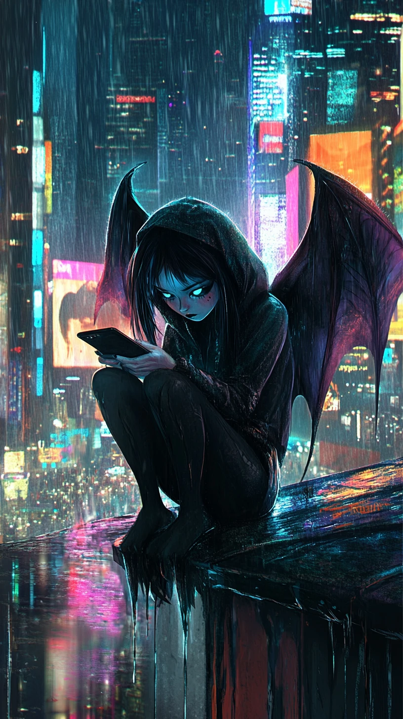 Harpy woman on a rainy neon rooftop in fantasy city