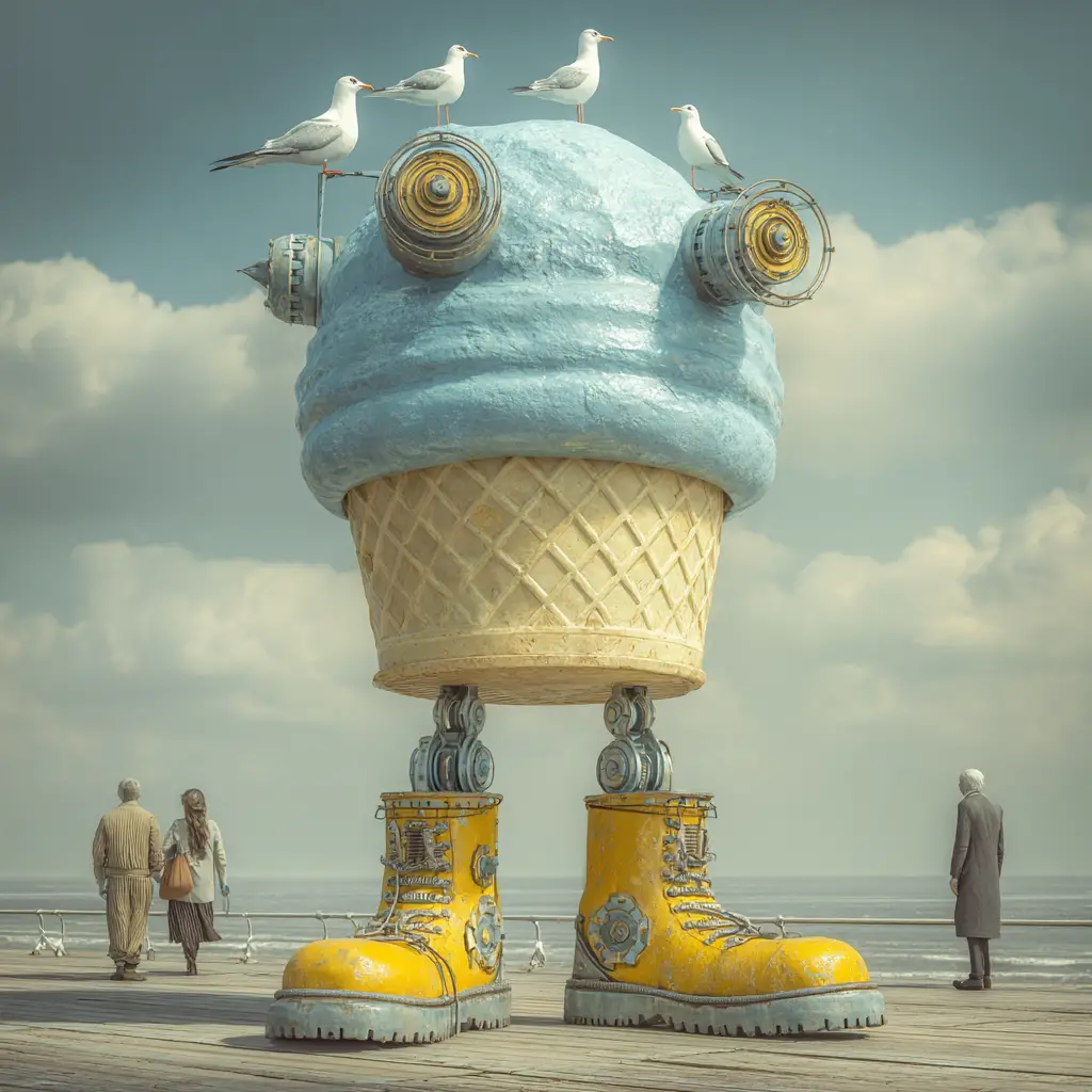 Criatura Surreal de Sorvete em um Píer à Beira-Mar