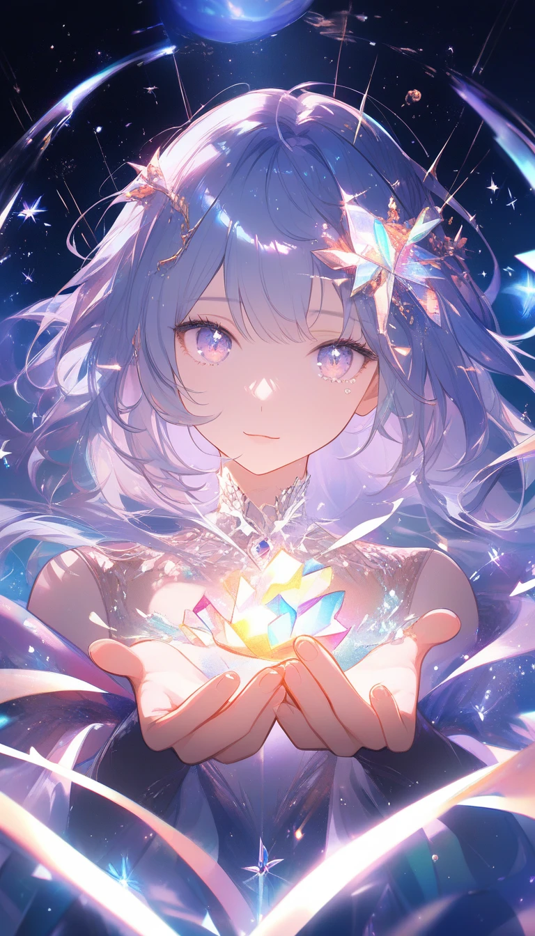 Silberhaarige Anime-Frau hält eine leuchtende Erinnerungs-Sphäre