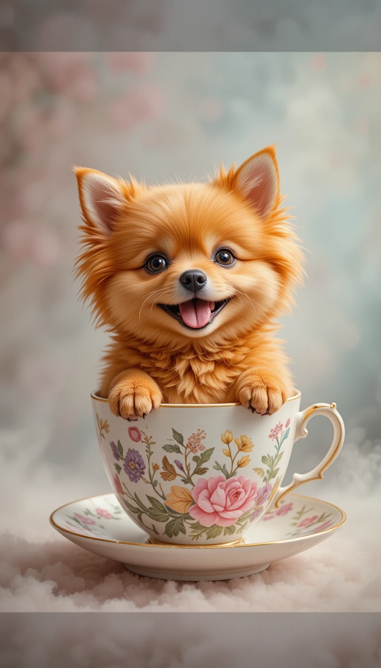 Perro naranja alegre asomando desde una taza de té floral