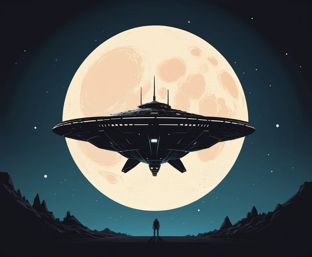 Silhueta minimalista de nave espacial diante de uma lua gigante