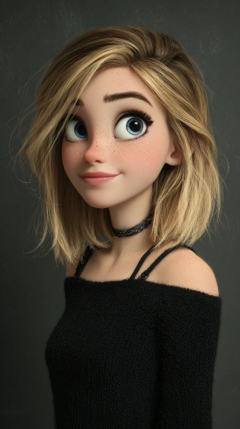 Pixar style portrait of a blonde girl with blue eyes