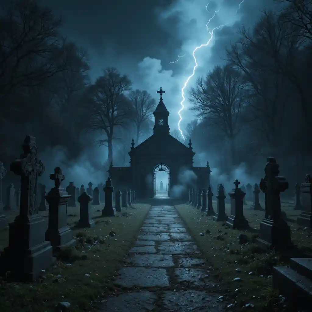 Night cemetery scene with lightning and eerie drifting mist