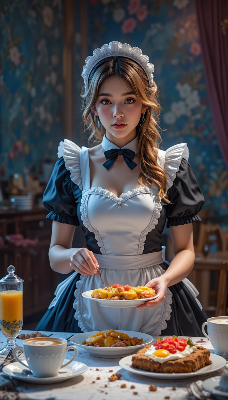戲劇光影下奉上生日早餐的法式女僕