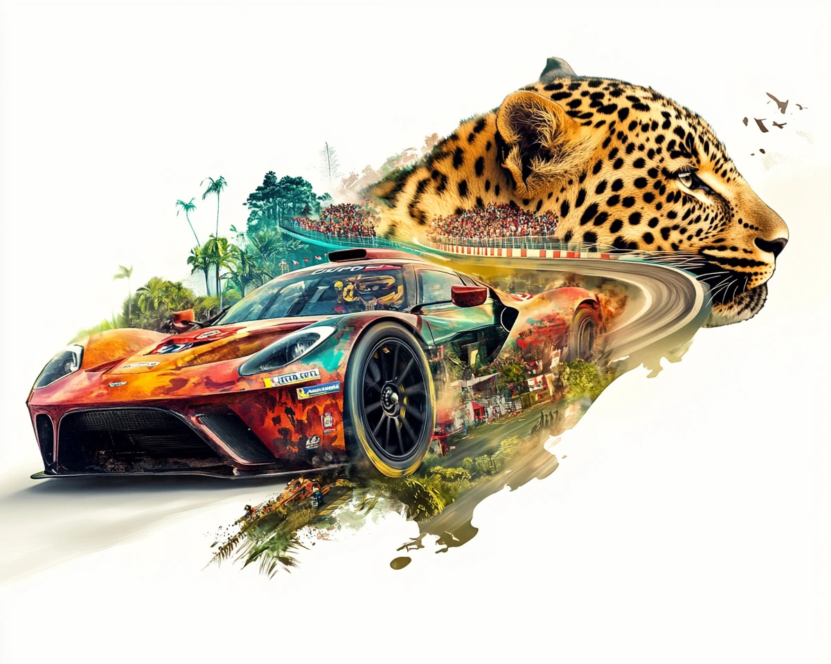 Auto da corsa ad alta velocità fusa con il profilo di un maestoso leopardo