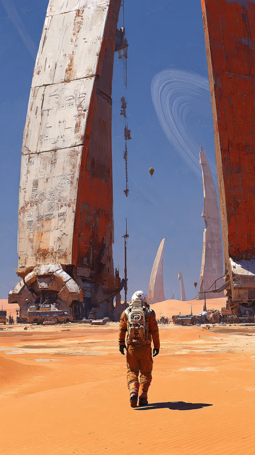 Einsamer Astronaut überquert fremde Dünen zu einem uralten Monolithen