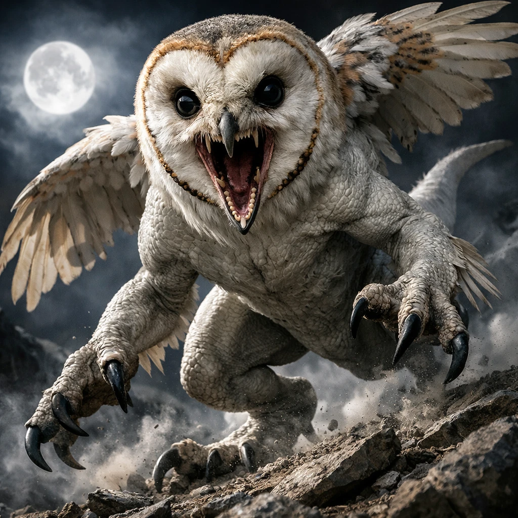 Hybrid barn owl dinosaur lunging in moonlit rocky mist