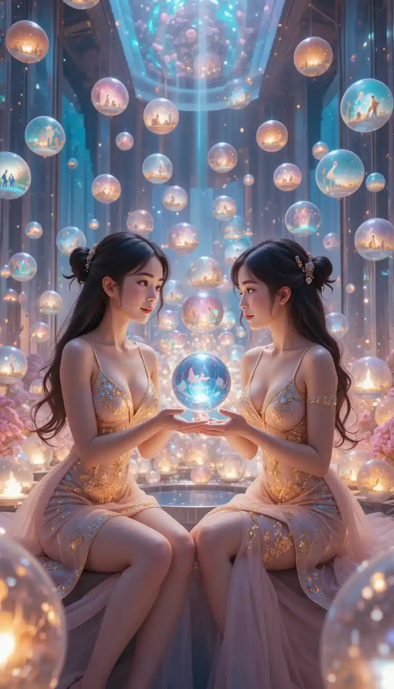 Two women trading glowing memory orbs in a surreal room