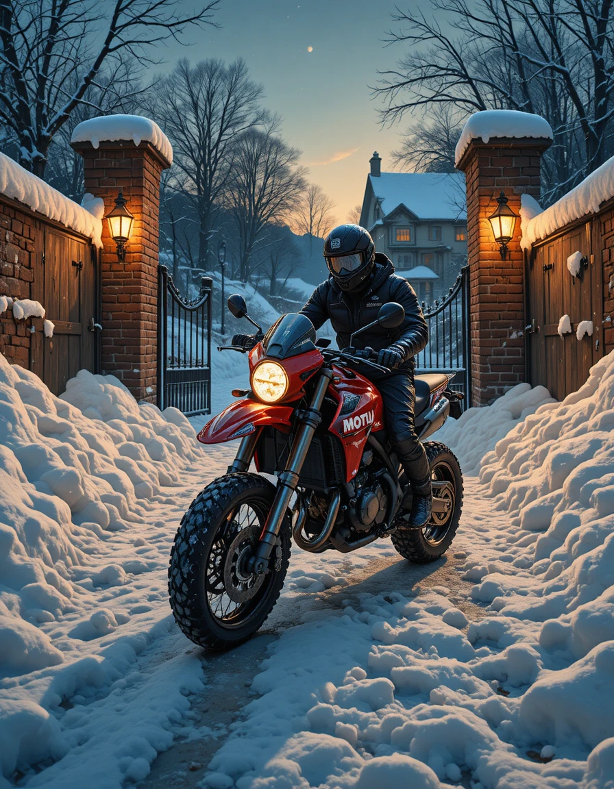 Motociclista ao lado de motocicleta vermelha em pátio nevado à noite