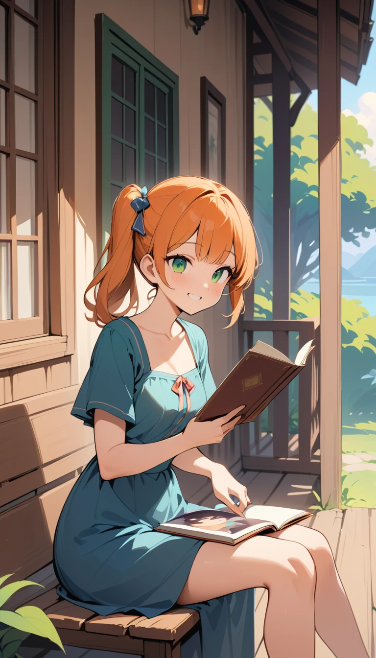 Anime girl on porch with photo album in her hands