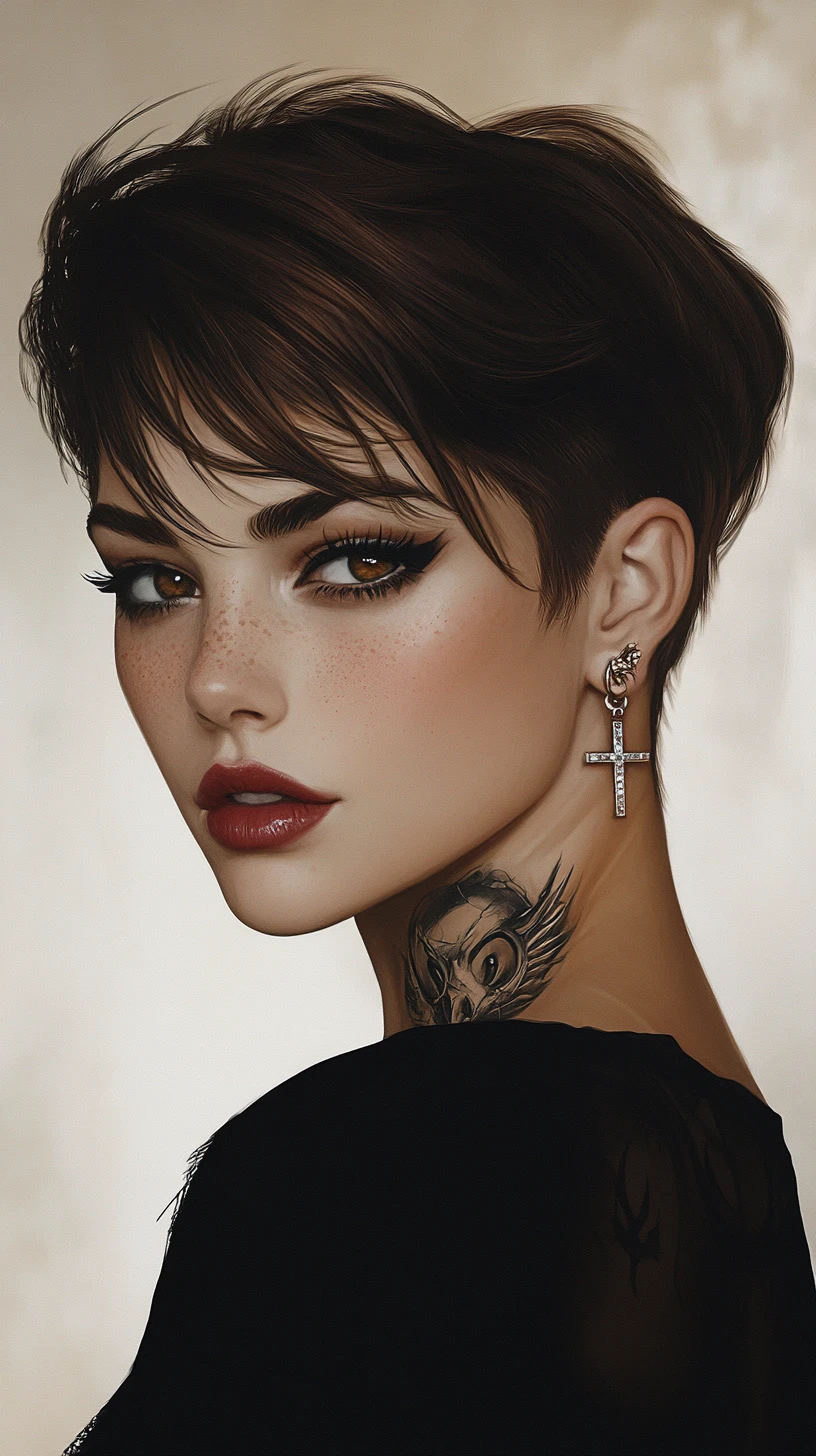 Retrato de mulher cyberpunk com tatuagem e brinco de cruz