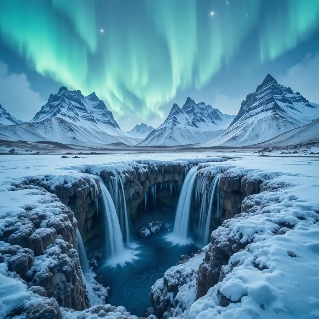 Montanhas islandesas nevadas sob um céu de aurora boreal brilhante
