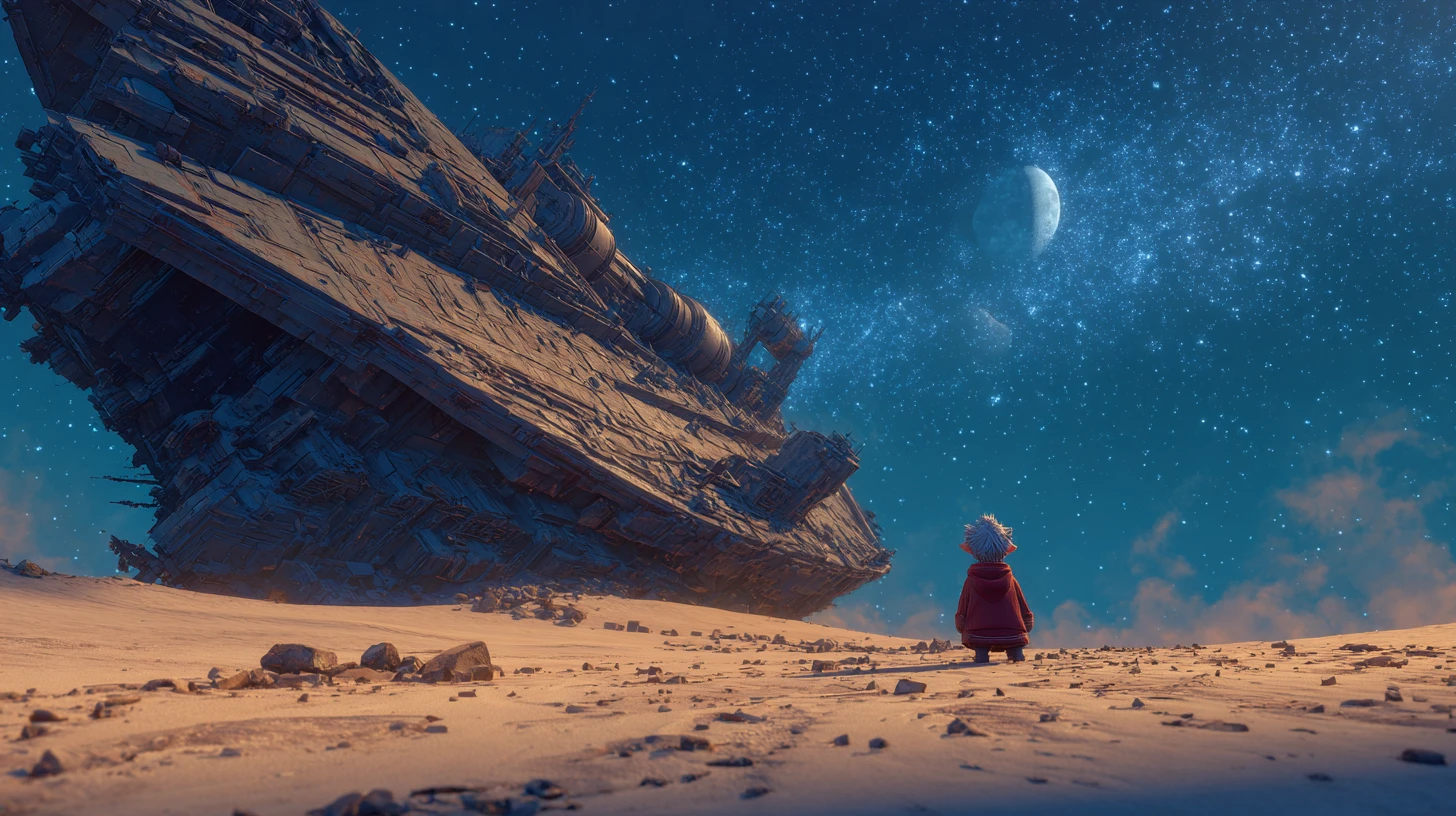Gnome observant un vaisseau spatial abandonné dans la nuit d'un désert alien