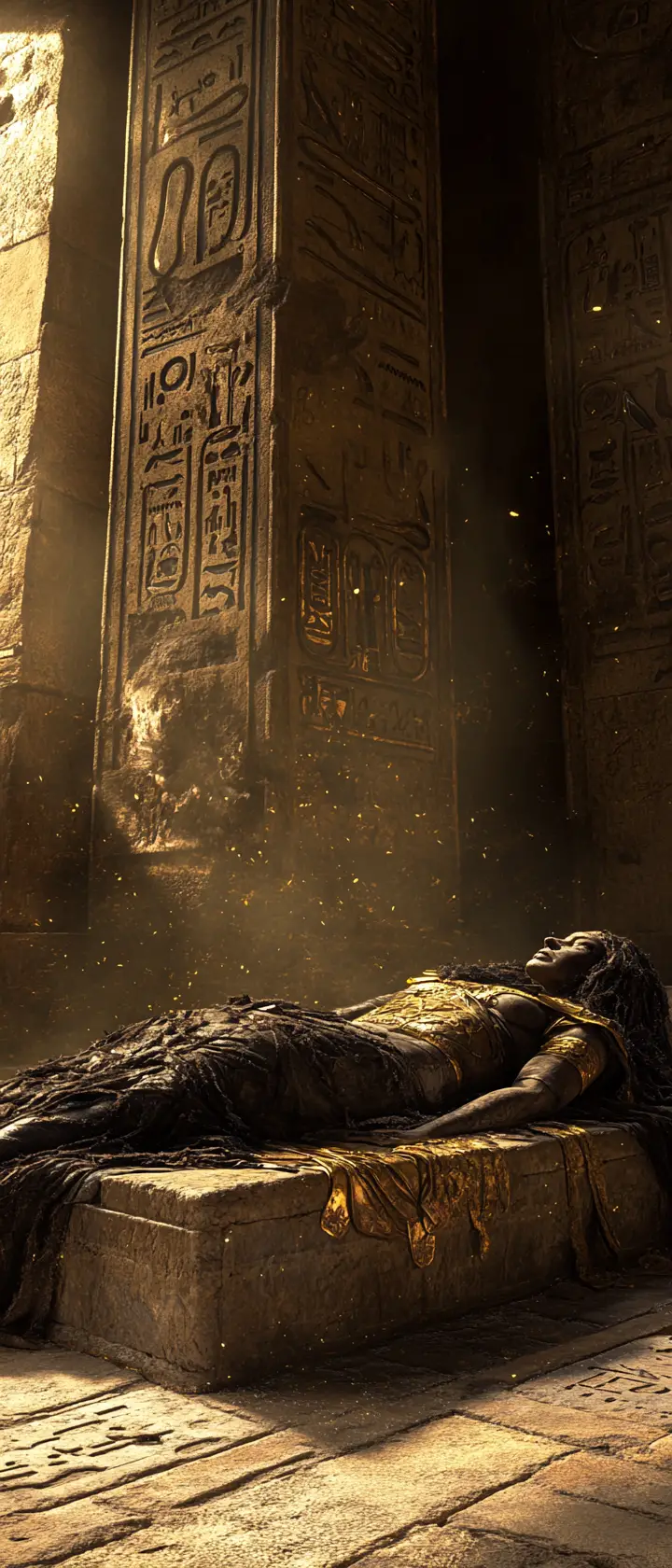 Cleopatra momificada en sofá de piedra en templo egipcio