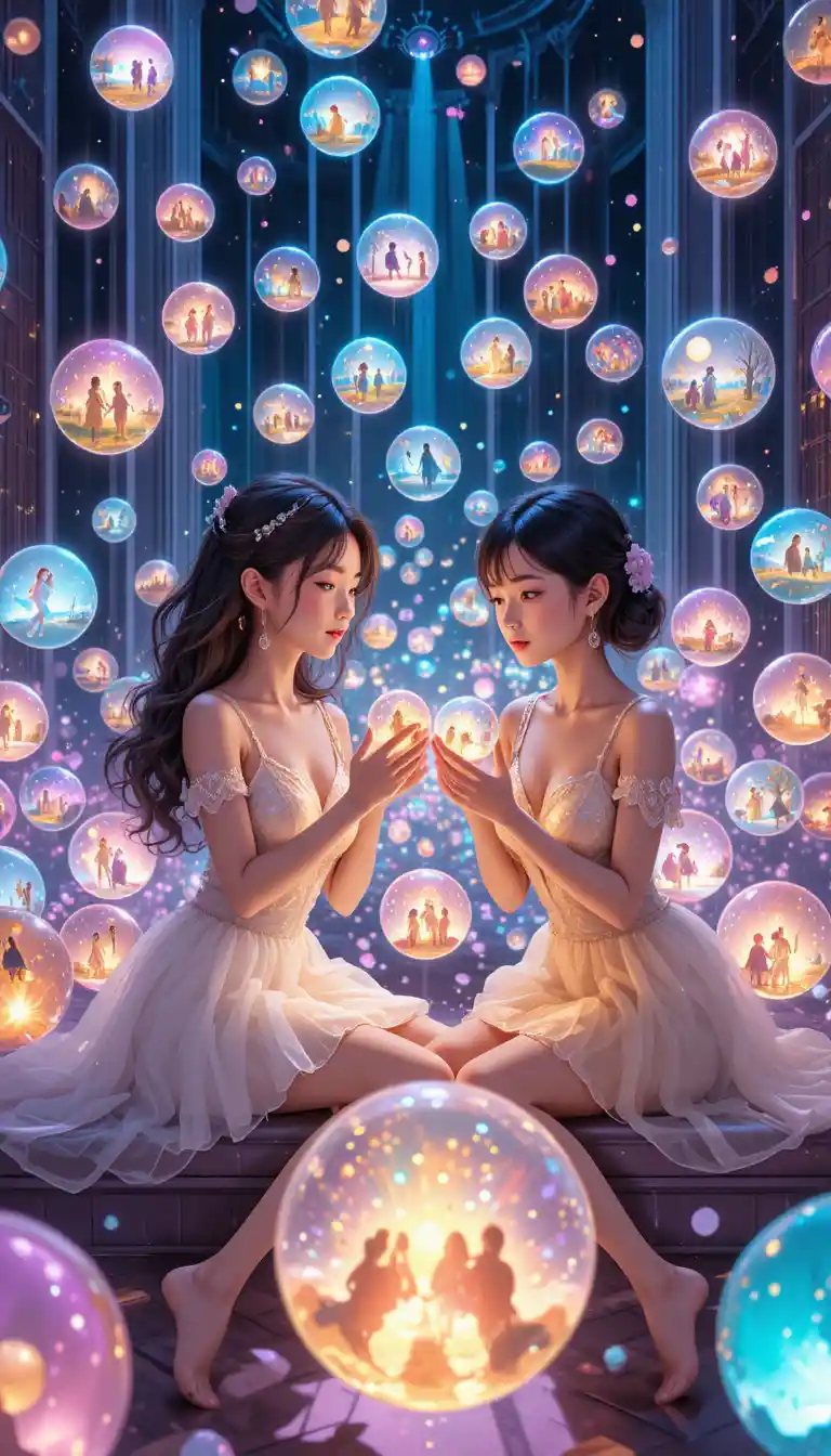 Two anime women trading glowing memory orbs in a room