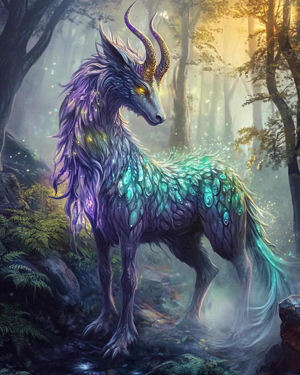 Maestoso kirin che emerge da una foresta incantata avvolta nella nebbia