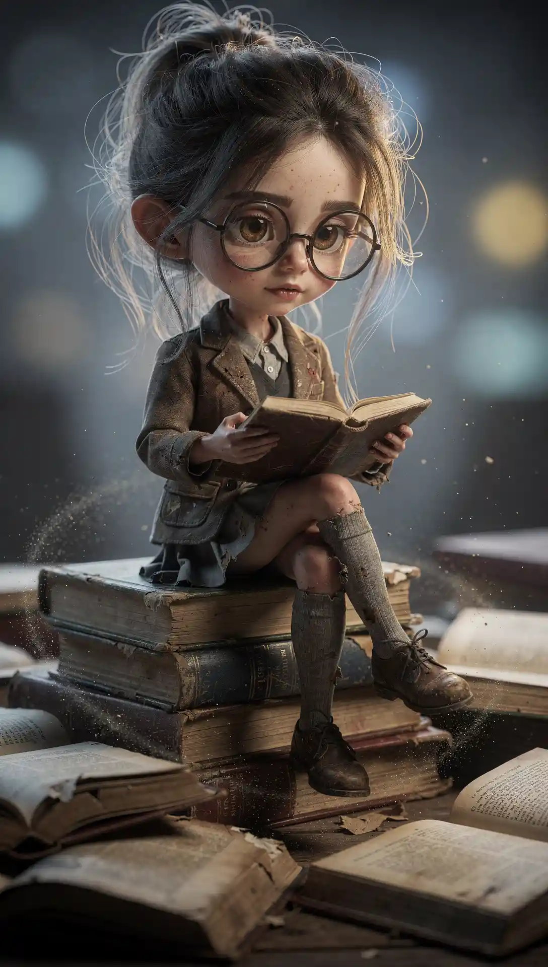 Mulher nerd de uniforme escolar lendo entre livros espalhados