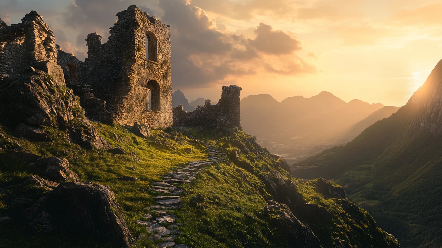 Antiga ruína de castelo em um penhasco ao pôr do sol dourado