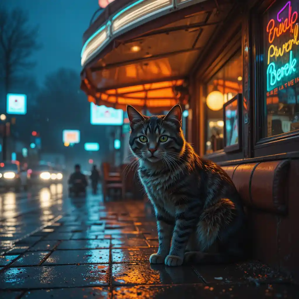 Gato de rua solitário sob o toldo neon da lanchonete na chuva