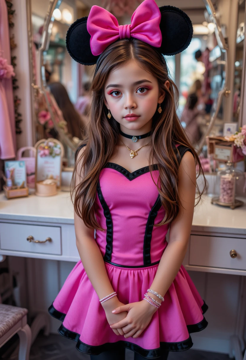 Tween boy dressed as Minnie Mouse in boutique interior