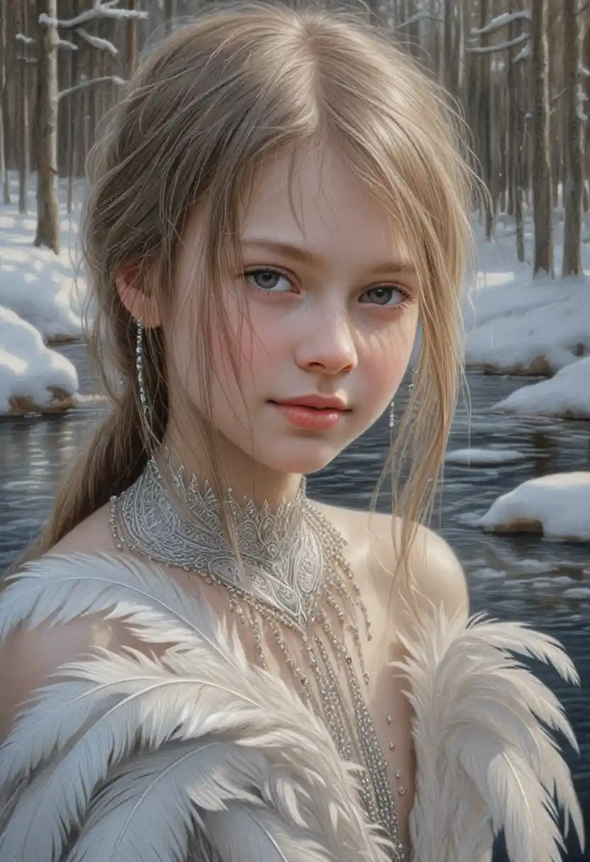 Chica rusa sonriente con plumas de cisne junto a un arroyo invernal