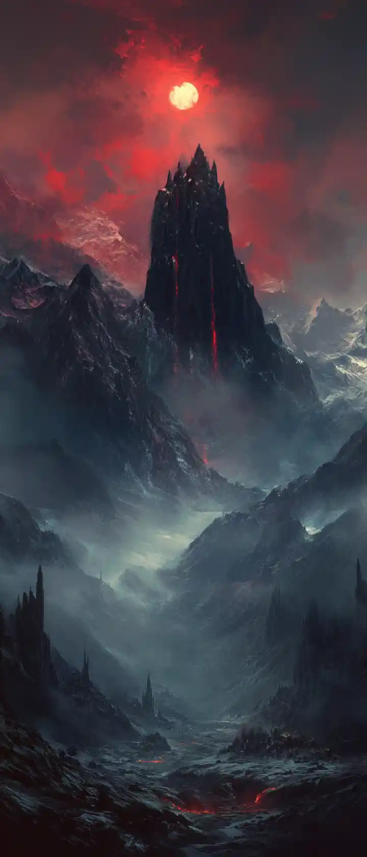 Ancient mountains under a blood red sky at worlds end